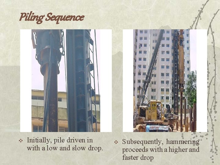 Piling Sequence v Initially, pile driven in with a low and slow drop. v