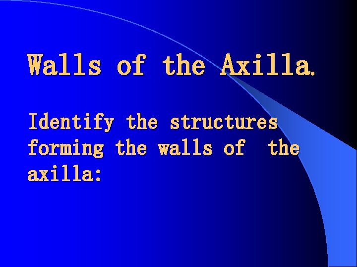 Walls of the Axilla. Identify the structures forming the walls of the axilla: 