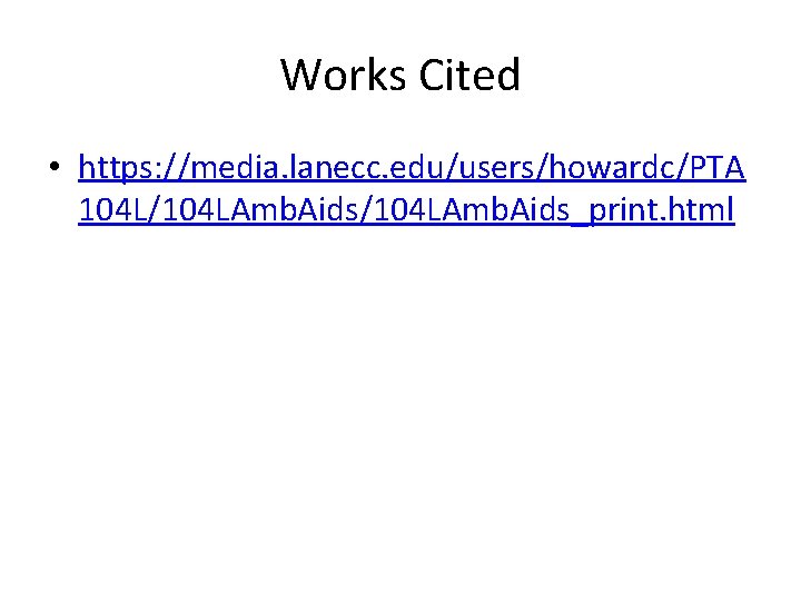 Works Cited • https: //media. lanecc. edu/users/howardc/PTA 104 L/104 LAmb. Aids_print. html 
