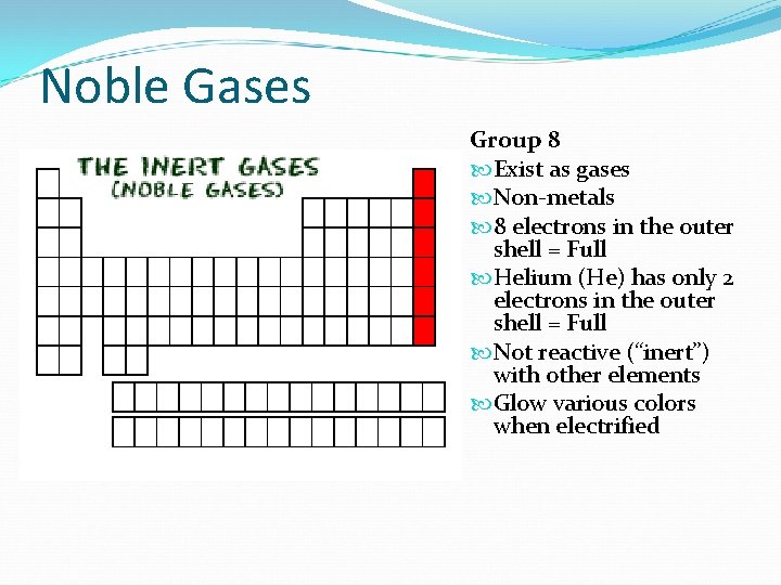 Noble Gases Group 8 Exist as gases Non-metals 8 electrons in the outer shell