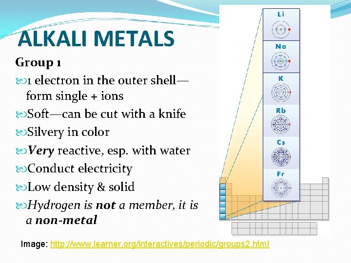 ALKALI METALS Group 1 1 electron in the outer shell— form single + ions