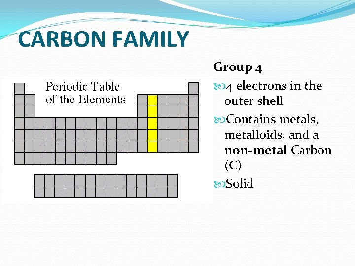 CARBON FAMILY Group 4 4 electrons in the outer shell Contains metals, metalloids, and