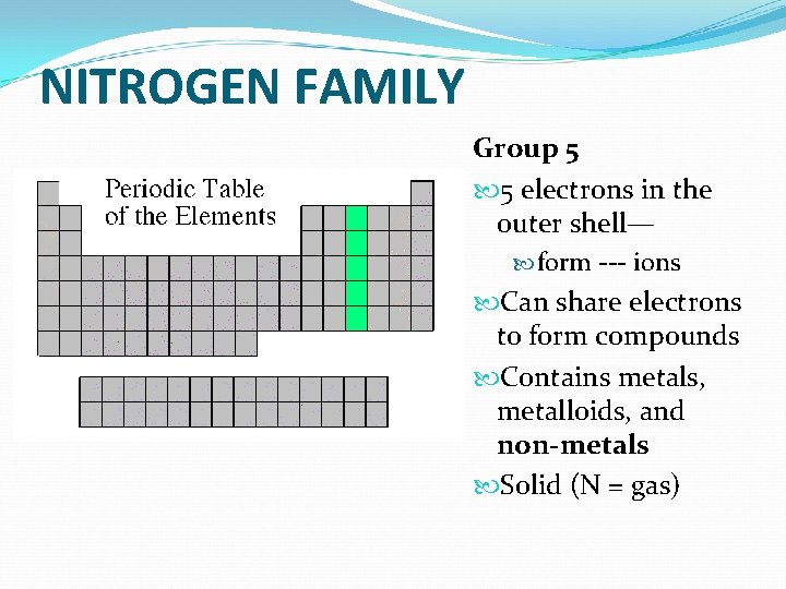 NITROGEN FAMILY Group 5 5 electrons in the outer shell— form --- ions Can