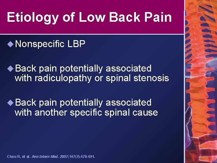 Etiology of Low Back Pain u Nonspecific LBP u Back pain potentially associated with