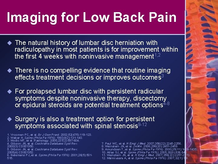 Imaging for Low Back Pain u The natural history of lumbar disc herniation with