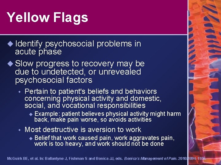 Yellow Flags u Identify psychosocial problems in acute phase u Slow progress to recovery