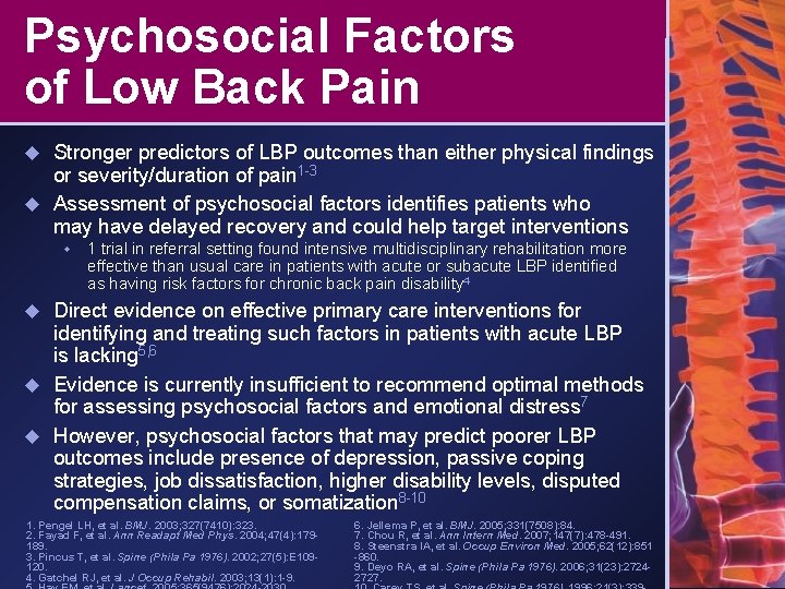 Psychosocial Factors of Low Back Pain Stronger predictors of LBP outcomes than either physical