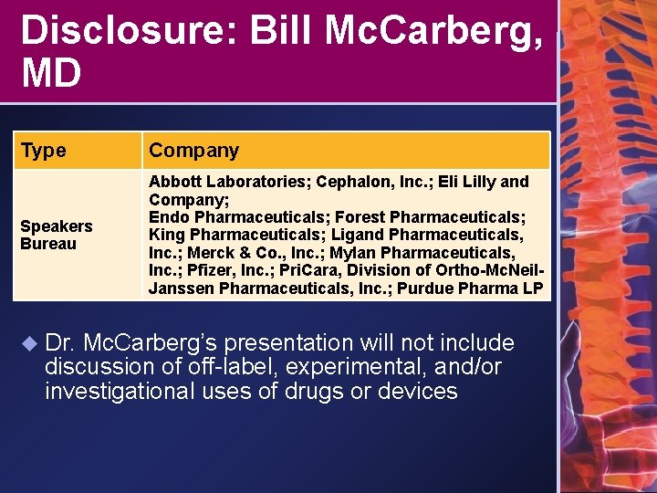 Disclosure: Bill Mc. Carberg, MD Type Company Speakers Bureau Abbott Laboratories; Cephalon, Inc. ;