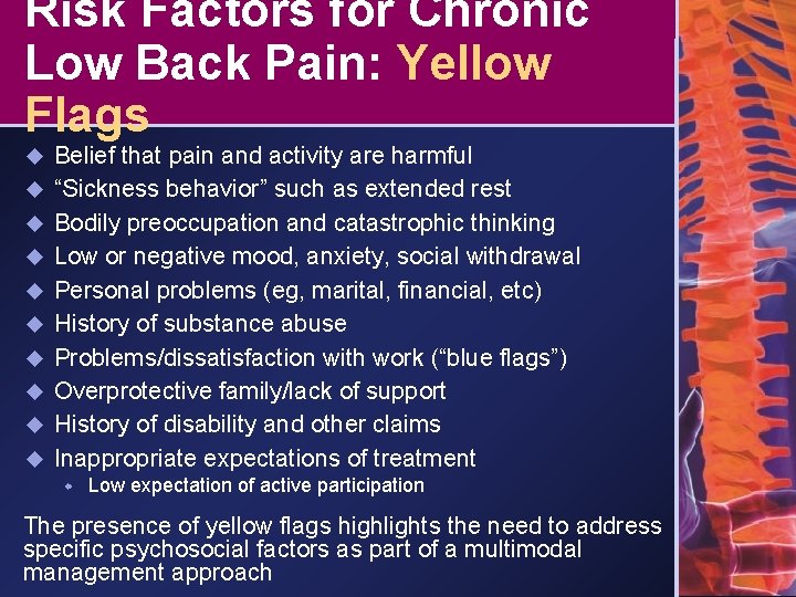 Risk Factors for Chronic Low Back Pain: Yellow Flags u u u u u