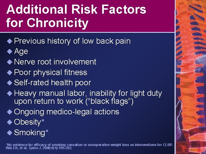Additional Risk Factors for Chronicity u Previous history of low back pain u Age