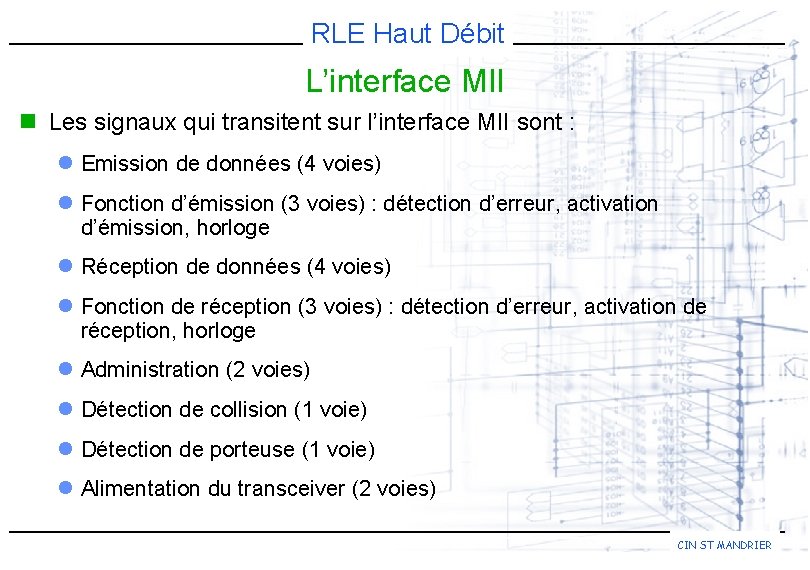 RLE Haut Débit L’interface MII n Les signaux qui transitent sur l’interface MII sont