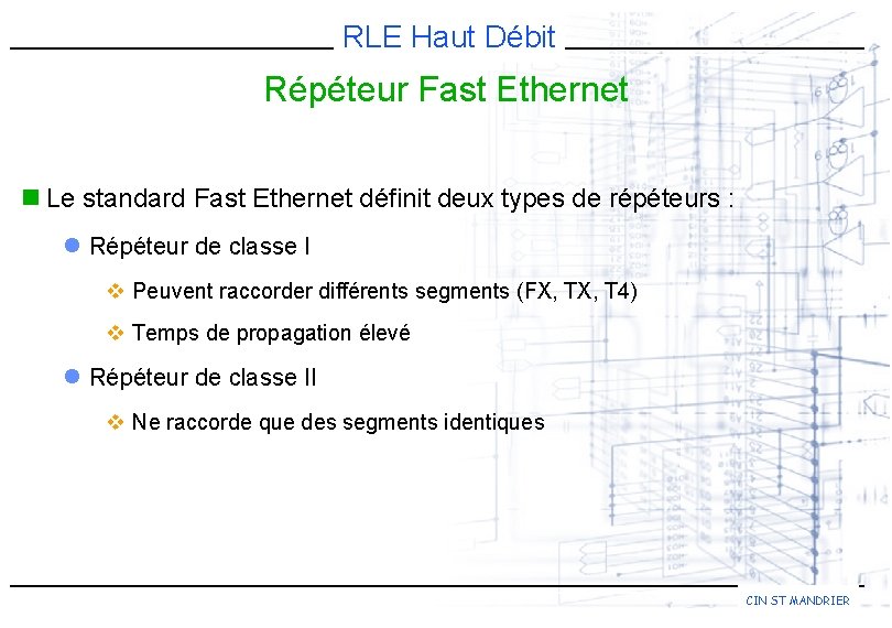 RLE Haut Débit Répéteur Fast Ethernet n Le standard Fast Ethernet définit deux types