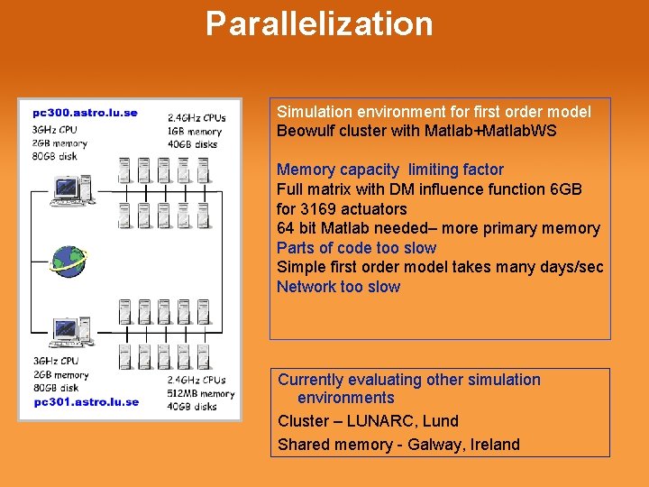 Parallelization Simulation environment for first order model Beowulf cluster with Matlab+Matlab. WS Memory capacity