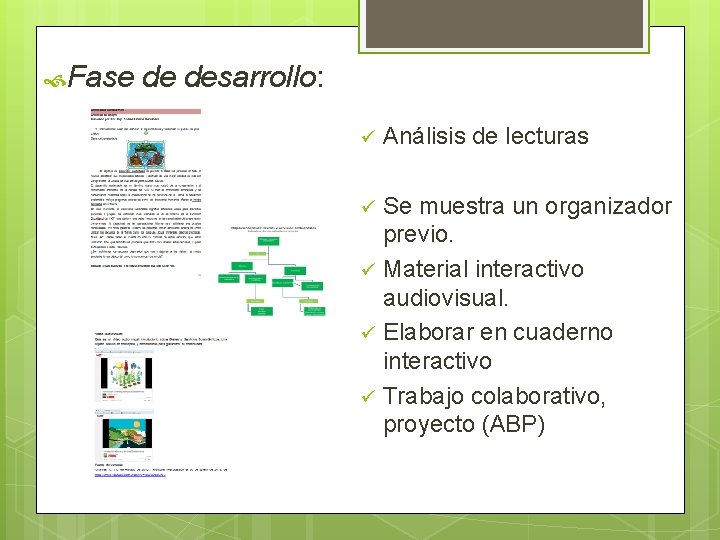  Fase de desarrollo: ü Análisis de lecturas Se muestra un organizador previo. ü