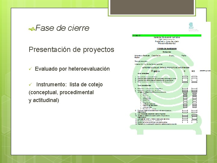  Fase de cierre Presentación de proyectos ü Evaluado por heteroevaluación Instrumento: lista de