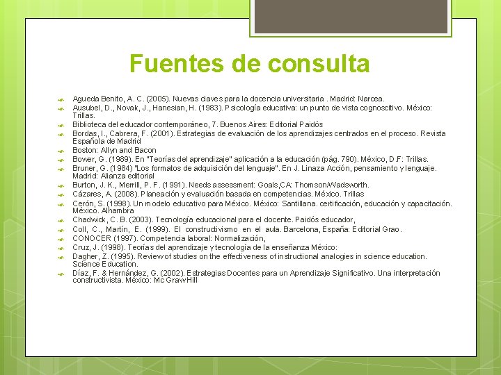 Fuentes de consulta Agueda Benito, A. C. (2005). Nuevas claves para la docencia universitaria.
