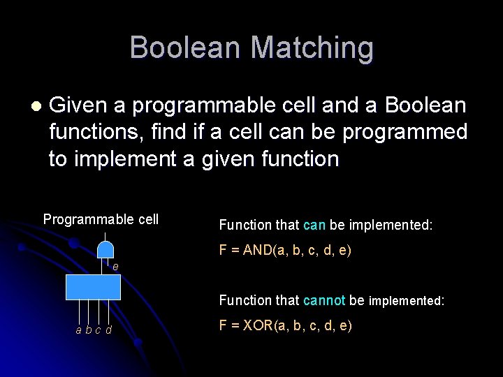 Boolean Matching l Given a programmable cell and a Boolean functions, find if a