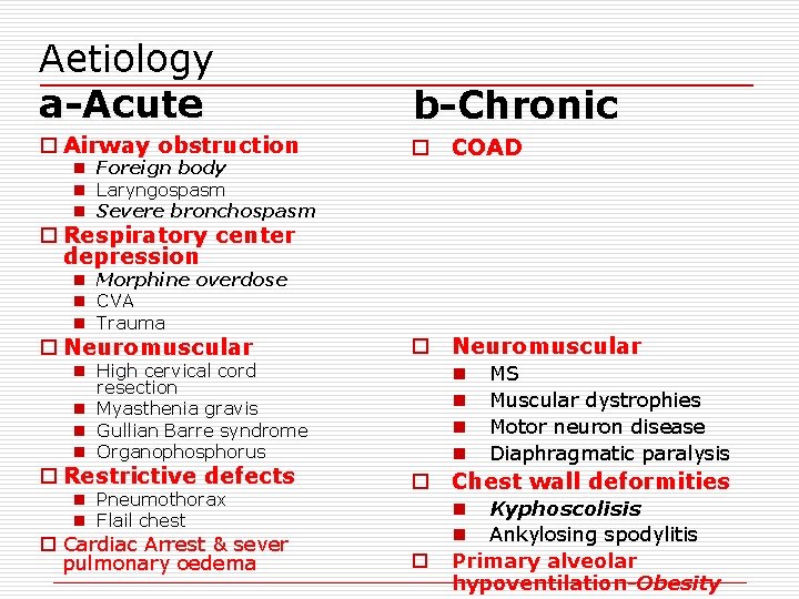Aetiology a-Acute b-Chronic o Airway obstruction o COAD n Foreign body n Laryngospasm n