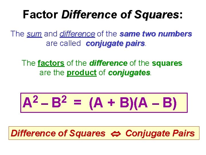 Factor Difference of Squares: Squares The sum and difference of the same two numbers