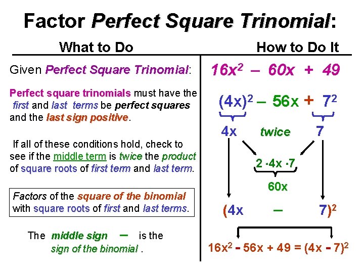 Factor Perfect Square Trinomial: Trinomial What to Do How to Do It Given Perfect