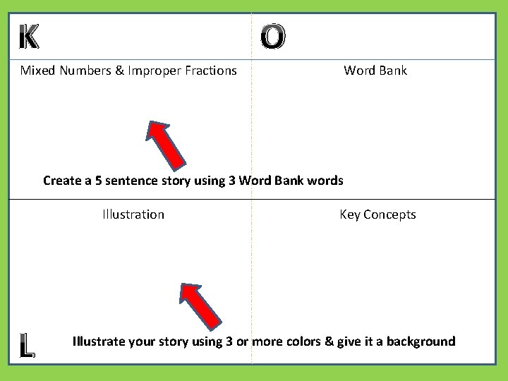 K O Mixed Numbers & Improper Fractions Word Bank Create a 5 sentence story