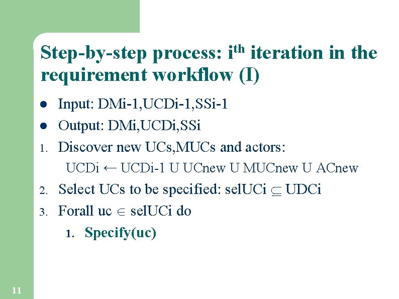Step-by-step process: ith iteration in the requirement workflow (I) l l 1. Input: DMi-1,