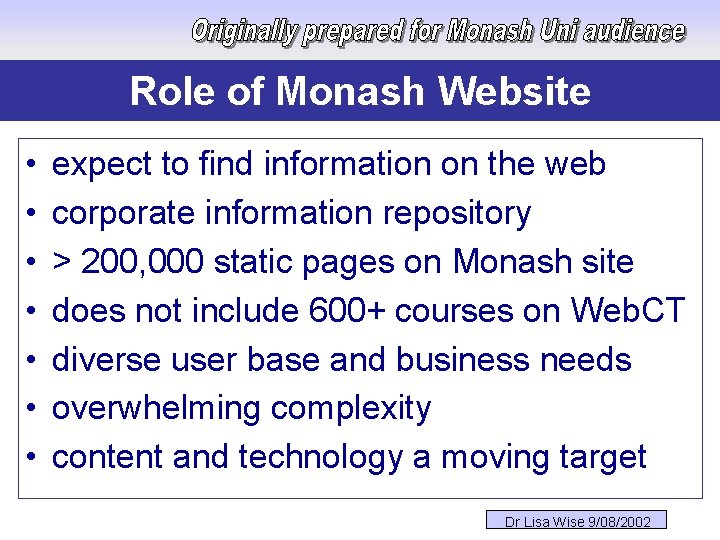Role of Monash Website • • expect to find information on the web corporate