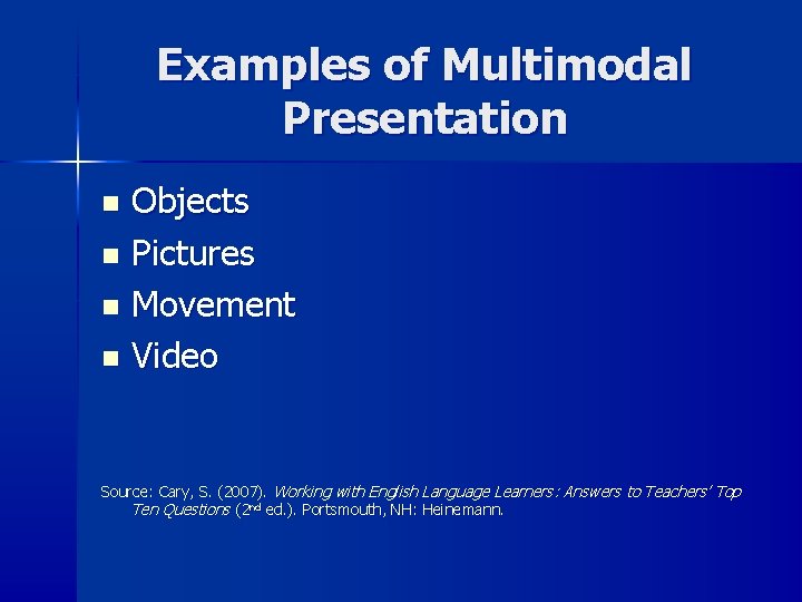 Examples of Multimodal Presentation Objects n Pictures n Movement n Video n Source: Cary, Examples of Multimodal Presentation Objects n Pictures n Movement n Video n Source: Cary,