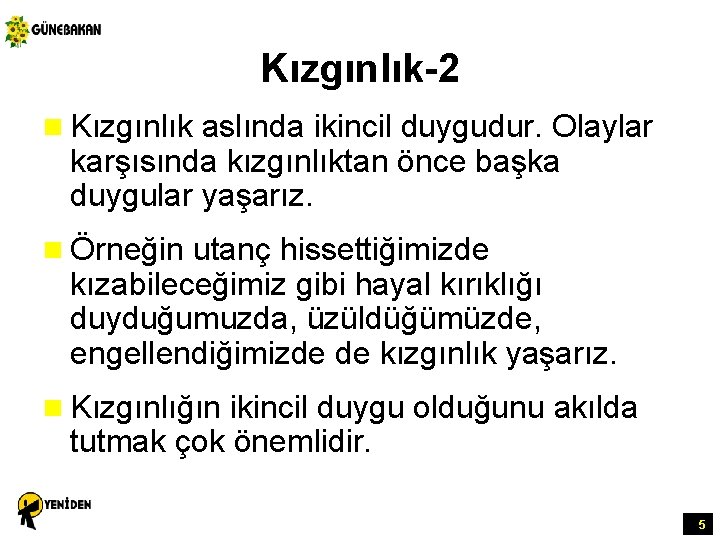 Kızgınlık-2 n Kızgınlık aslında ikincil duygudur. Olaylar karşısında kızgınlıktan önce başka duygular yaşarız. n