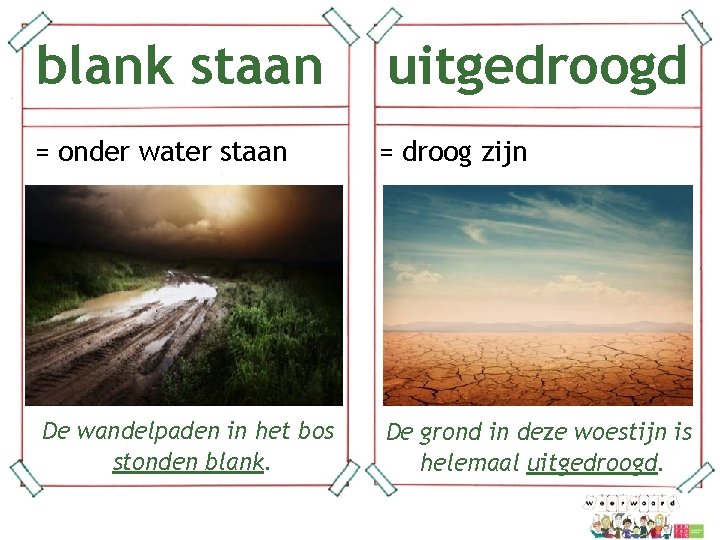 blank staan uitgedroogd = onder water staan = droog zijn De wandelpaden in het