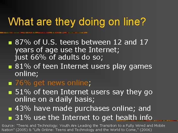 What are they doing on line? n n n 87% of U. S. teens