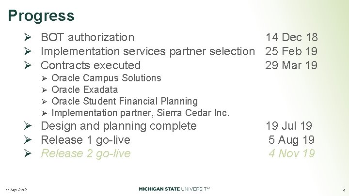 Progress Ø BOT authorization 14 Dec 18 Ø Implementation services partner selection 25 Feb