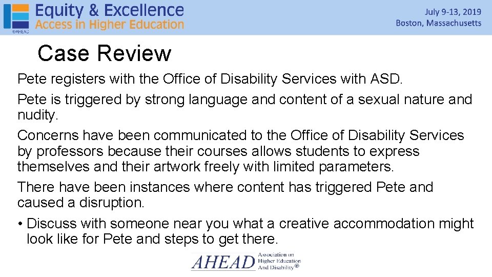 Case Review Pete registers with the Office of Disability Services with ASD. Pete is
