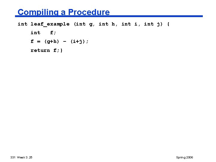 Compiling a Procedure int leaf_example (int g, int h, int i, int j) {