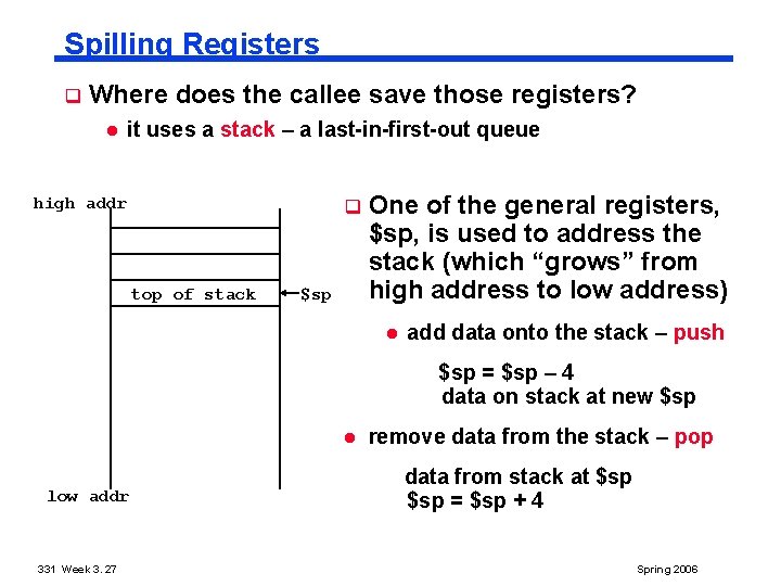 Spilling Registers q Where does the callee save those registers? l it uses a