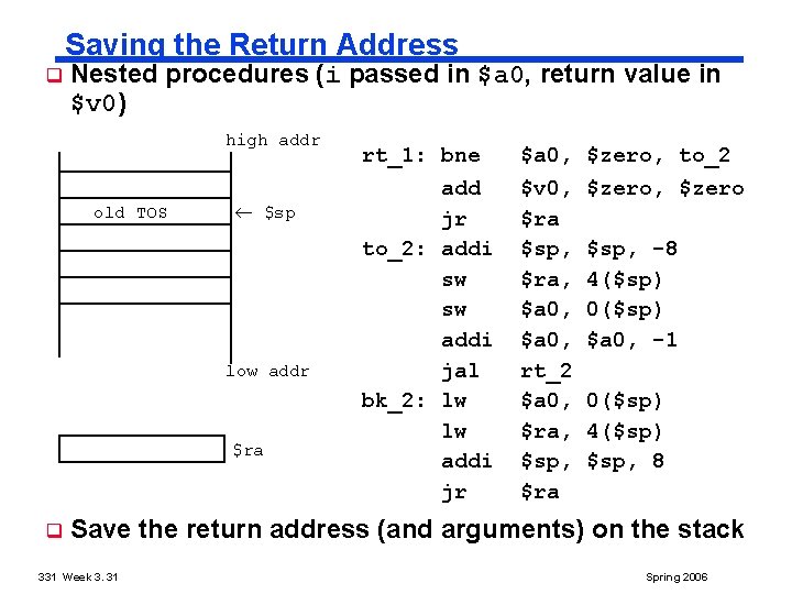 Saving the Return Address q Nested procedures (i passed in $a 0, return value