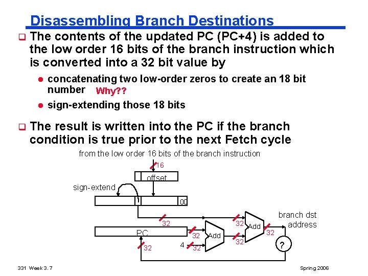 Disassembling Branch Destinations q q The contents of the updated PC (PC+4) is added