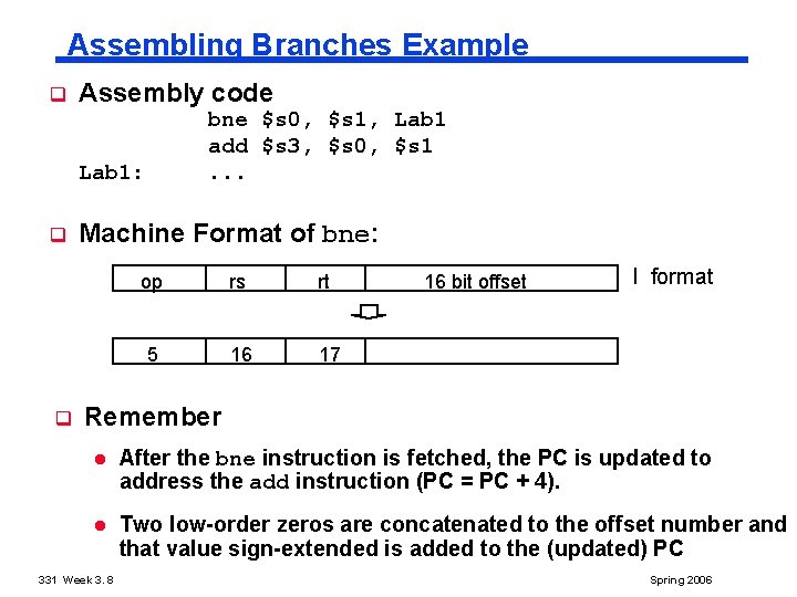 Assembling Branches Example q Assembly code bne $s 0, $s 1, Lab 1 add