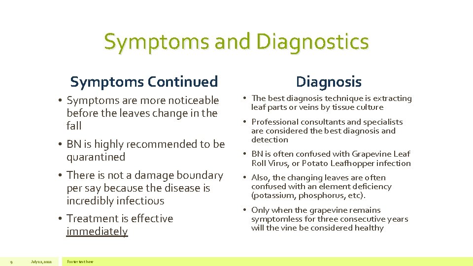 Symptoms and Diagnostics Symptoms Continued • Symptoms are more noticeable before the leaves change