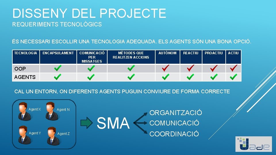 DISSENY DEL PROJECTE REQUERIMENTS TECNOLÒGICS ÉS NECESSARI ESCOLLIR UNA TECNOLOGIA ADEQUADA. ELS AGENTS SÓN