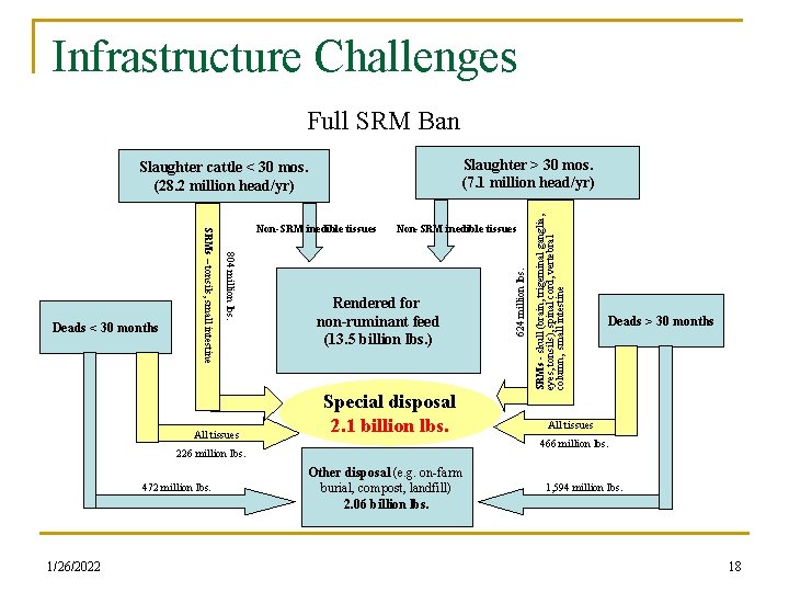 Infrastructure Challenges Full SRM Ban All tissues Non-SRM inedible tissues Rendered for non-ruminant feed