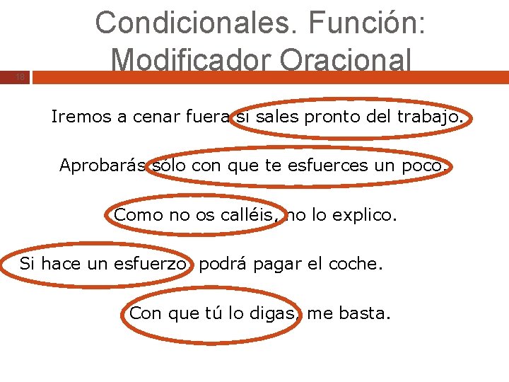 18 Condicionales. Función: Modificador Oracional Iremos a cenar fuera si sales pronto del trabajo.