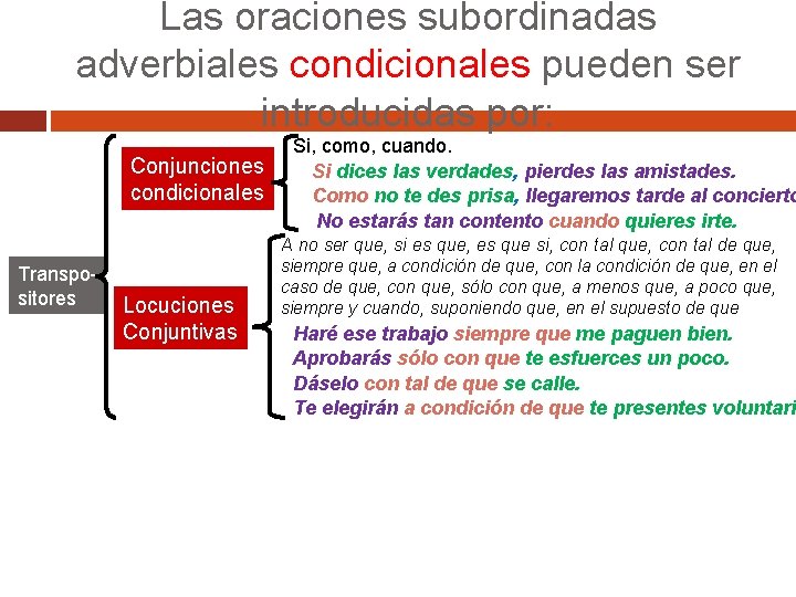 Las oraciones subordinadas adverbiales condicionales pueden ser introducidas por: Conjunciones condicionales Transpositores Locuciones Conjuntivas