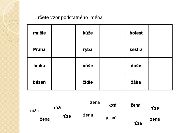 Určete vzor podstatného jména mušle kůže bolest Praha ryba sestra louka nůše duše báseň