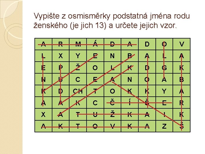 Vypište z osmisměrky podstatná jména rodu ženského (je jich 13) a určete jejich vzor.