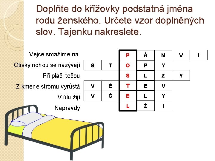 Doplňte do křížovky podstatná jména rodu ženského. Určete vzor doplněných slov. Tajenku nakreslete. Vejce