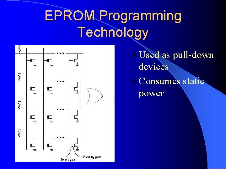 EPROM Programming Technology Ø Used as pull-down devices Ø Consumes static power EPROM Programming Technology Ø Used as pull-down devices Ø Consumes static power