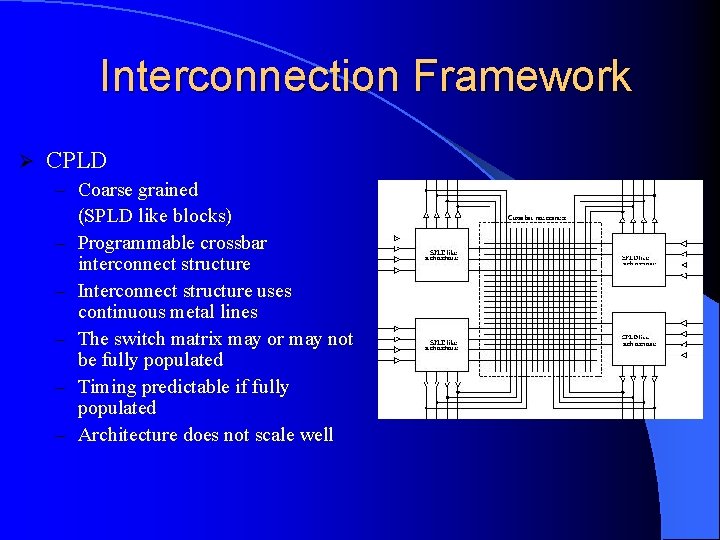 Interconnection Framework Ø CPLD – Coarse grained (SPLD like blocks) – Programmable crossbar interconnect Interconnection Framework Ø CPLD – Coarse grained (SPLD like blocks) – Programmable crossbar interconnect