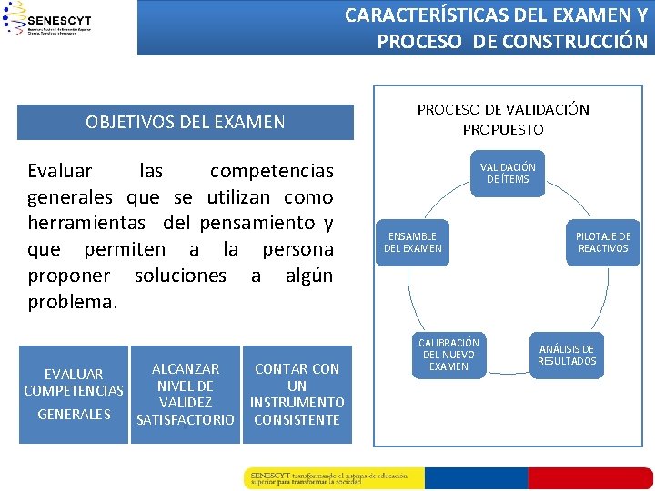 CARACTERÍSTICAS DEL EXAMEN Y PROCESODE DECOLOMBIA CONSTRUCCIÓN PROPUESTA OBJETIVOS DEL EXAMEN Evaluar las competencias