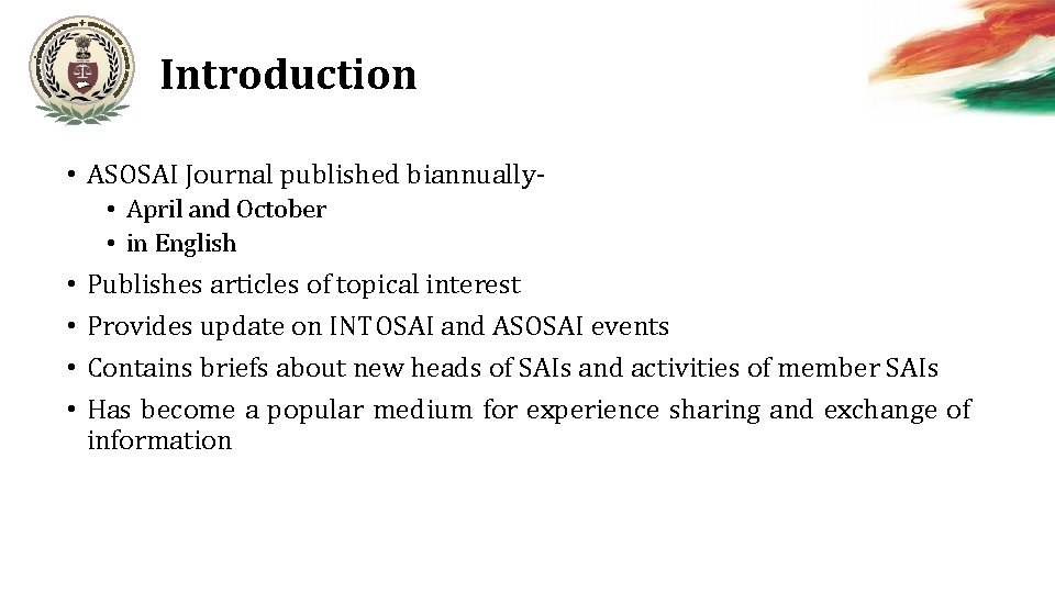 Introduction • ASOSAI Journal published biannually • April and October • in English •